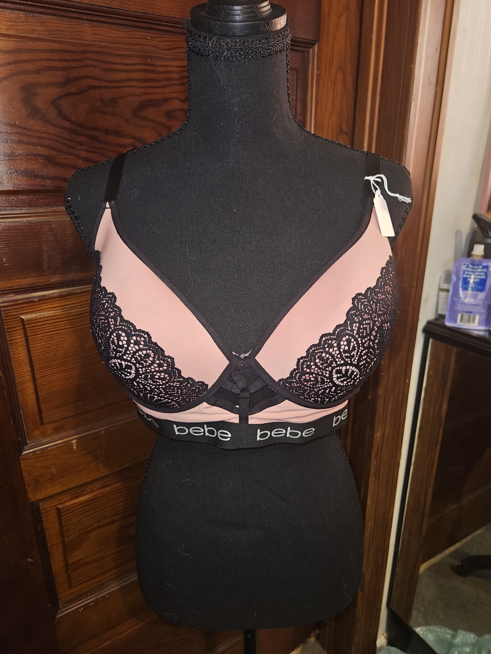 bebe Blush Pink and Black Lace Logo Underband Bralette